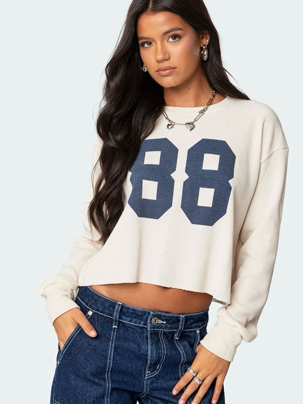 Edikted Cream Cropped Waffle Knit Sweatshirt with Navy 88 Graphic size Small